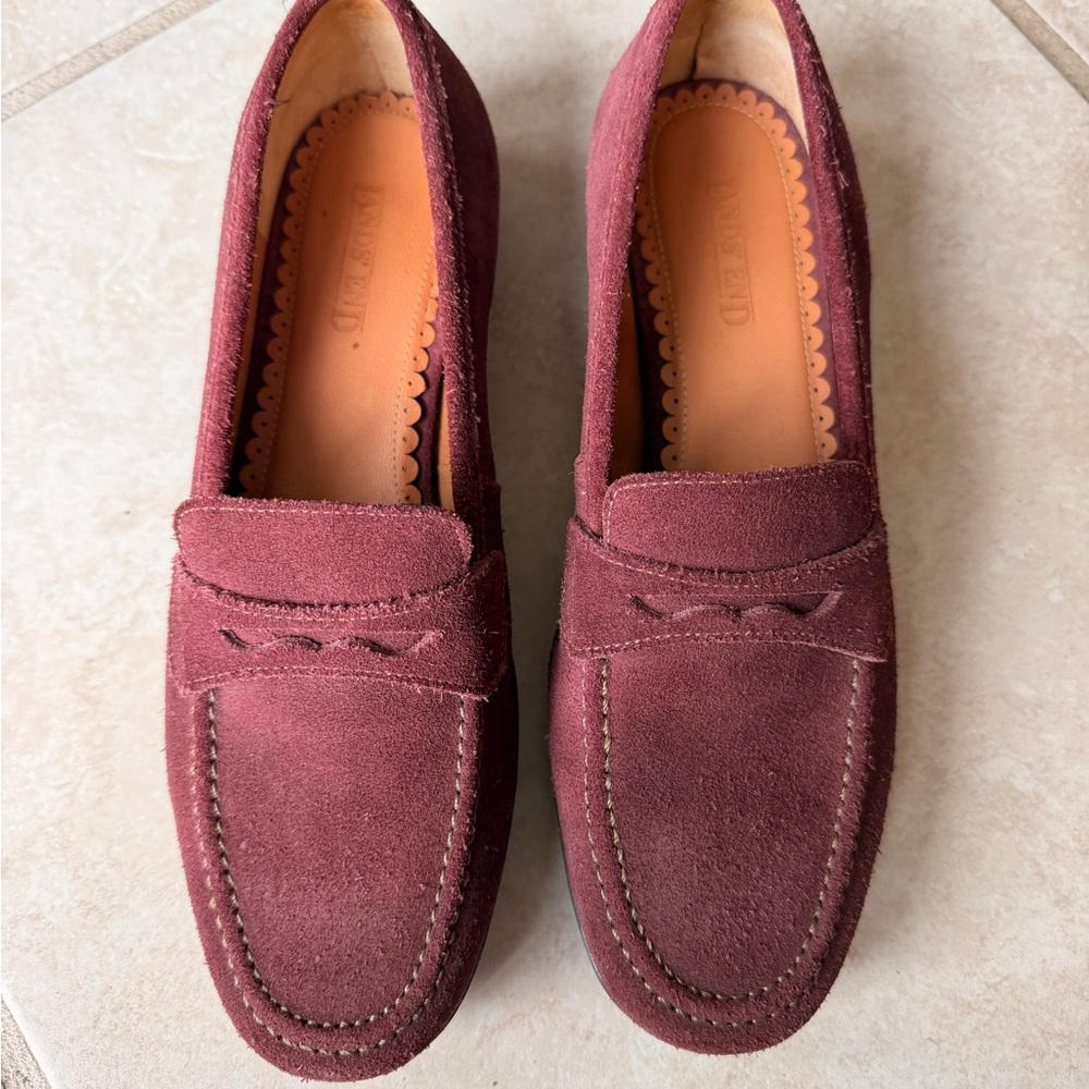 Land’s End Women’s Suede Penny Loafers in Burgundy